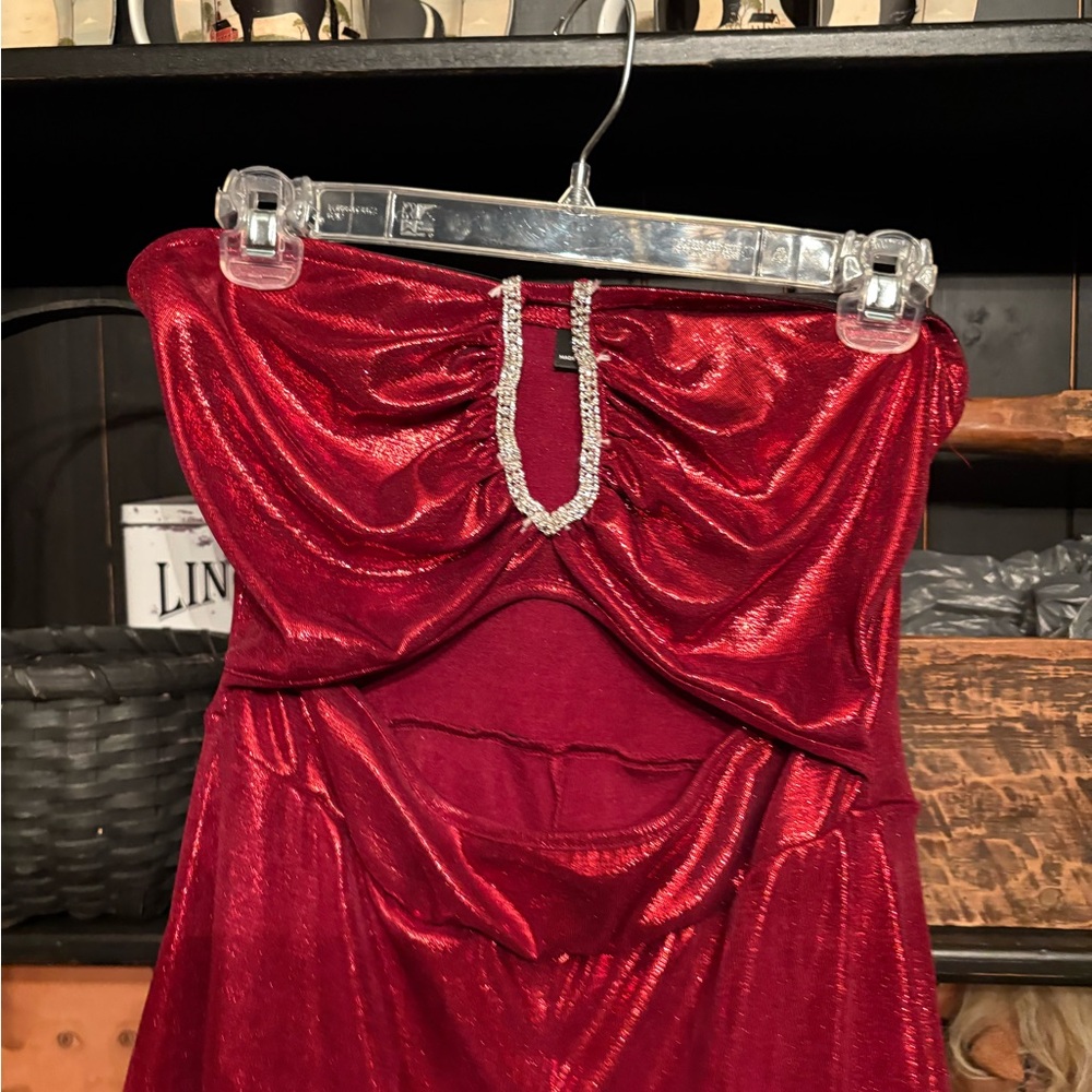 Elegant Red Strapless jumpsuit with Rhinestone Detail